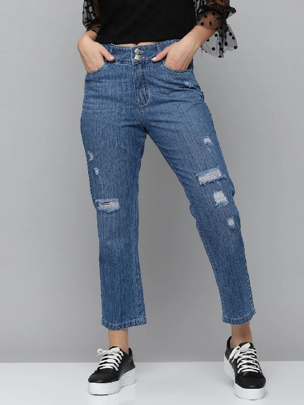 Casual And Comfortable Women's Blue Solid Relaxed Fit Denim Jeans