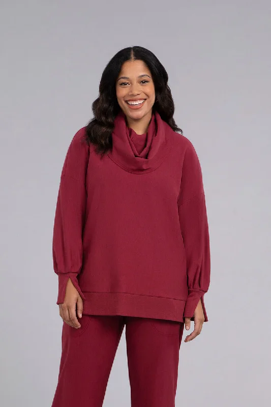 Retro Stripes Bamboo Fleece Cowl Neck Pleat Sleeve Top | Cherry