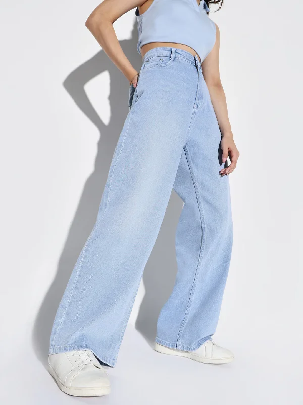 Embroidery Design Women Blue Wide Leg Jeans