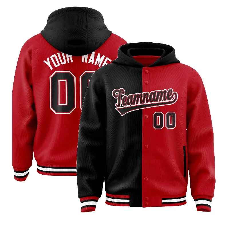 College Style Custom Black Red Split Fashion Varsity Full-Snap Letterman Two Tone Jacket Hoodie