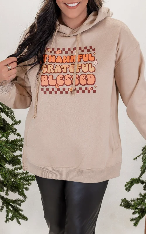 Unique Design Thankful Grateful & Blessed Taupe Side Slit Hoodie - Final Sale
