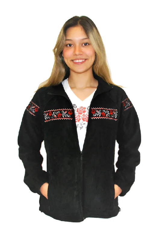 Fashionable sports Women's embroidered full-zip fleece jacket. Black