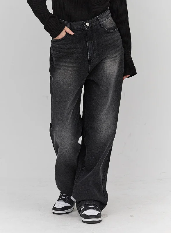 Classic Color Light Washing Wide Leg Black Jeans CN23