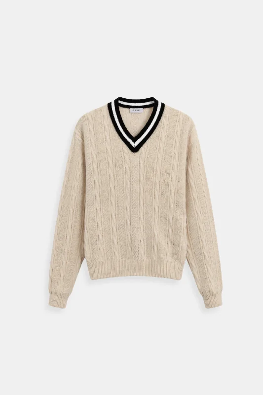 Street Style Old Money Contrast Trim V Neck Elegant Cable Knit Long Sleeve Sweater