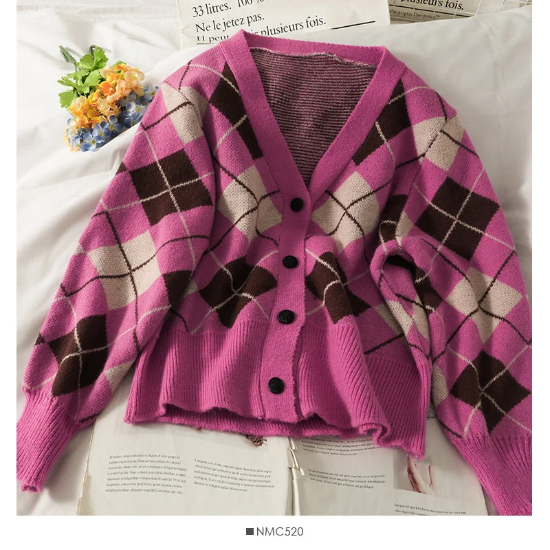 Personal Charm Diamond check single breasted V-Neck Sweater for women  1778