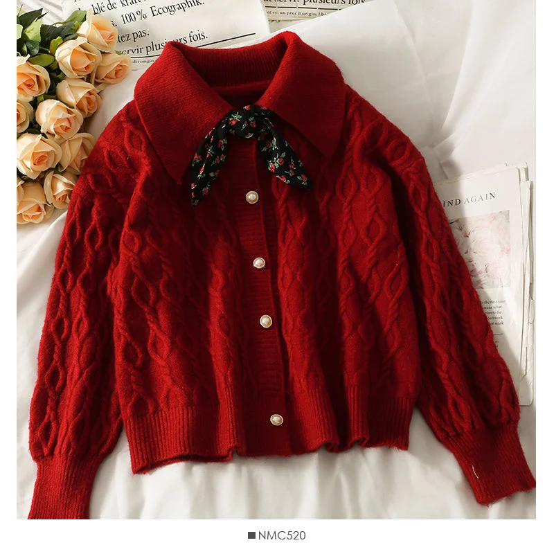 New Autumn And Winter Styles Sweater female autumn dress broken flower BOW TIE LAPEL  1792