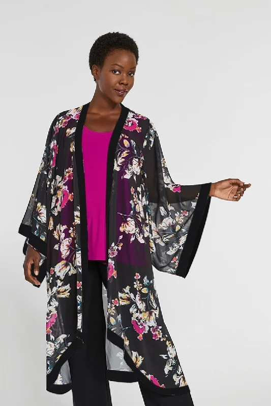 Round neck design Whisper Long Kimono | Black Floral