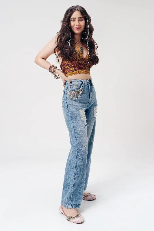 Easy Chic Blue Pataka Distressed Wide Jeans