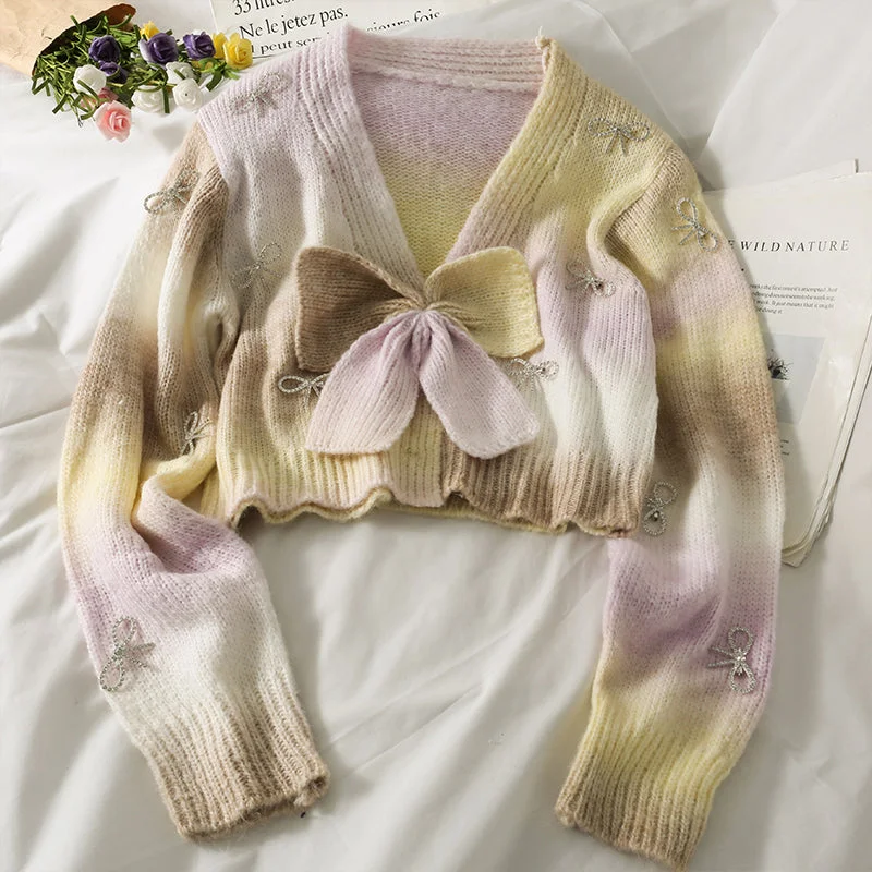 Lace Design Sweet wind gradient color matching bow contrast short sweater  1783