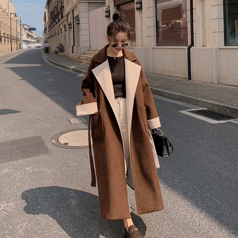 Noble Temperament Women's Long Knee Length Loose Contrasting Woolen Coat