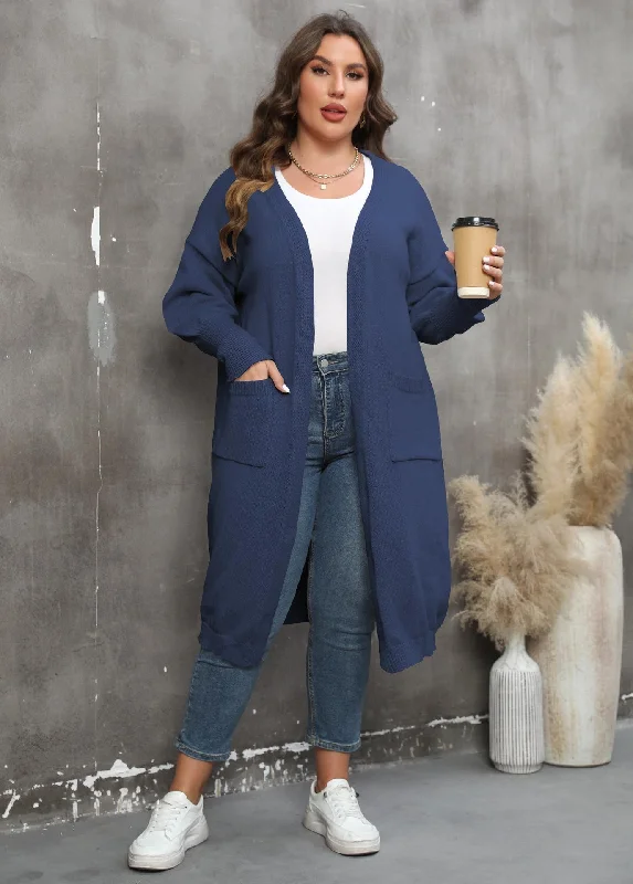 Luxury And Elegant European And American Large Size Loose Mid-length Woven Sweater Double Pocket Lantern Sleeve Coat
