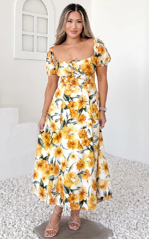 French Style Kiaya Midi Dress - Yellow Floral