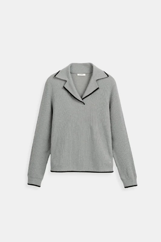 Leisure And Entertainment Old Money Contrast Trim Gray Label Neck Sweater