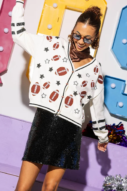 Breezy Style White Football & Stars Knit Cardigan