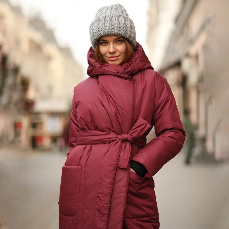 Energetic Snow Thickened Coat Hooded Belt Long Cotton Padded Jacket Women
