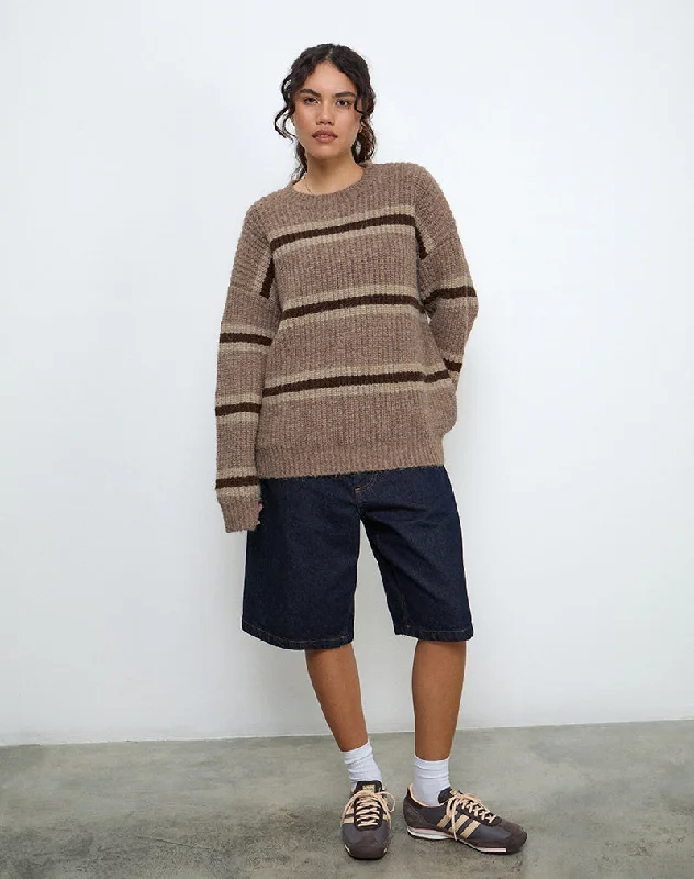 Luxury Classic Lunet Knitted Jumper in Stripe Tonal Brown