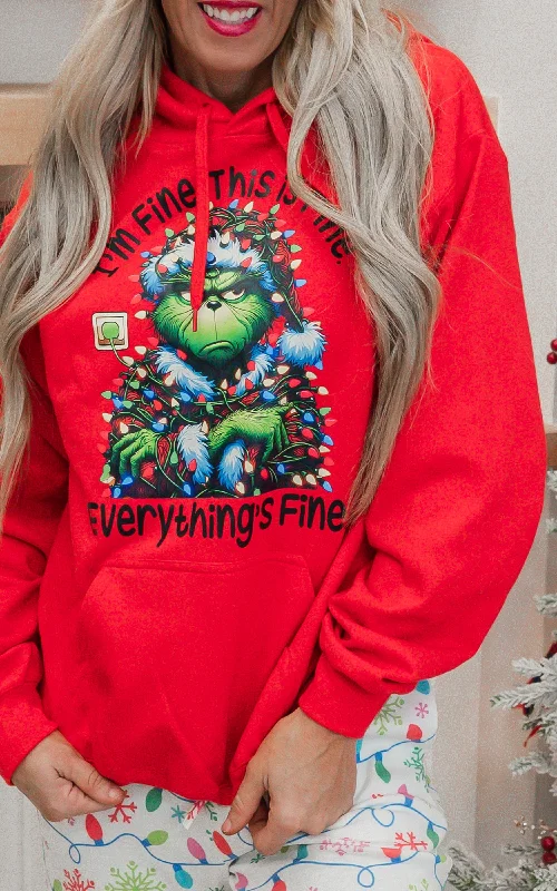 Knowledge And Elegance I'm Fine, This is Fine Mean Green Guy Holiday Red Graphic Hoodie**