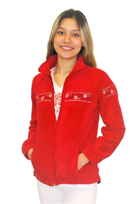 Short skirt design Women's embroidered full-zip fleece jacket. Red