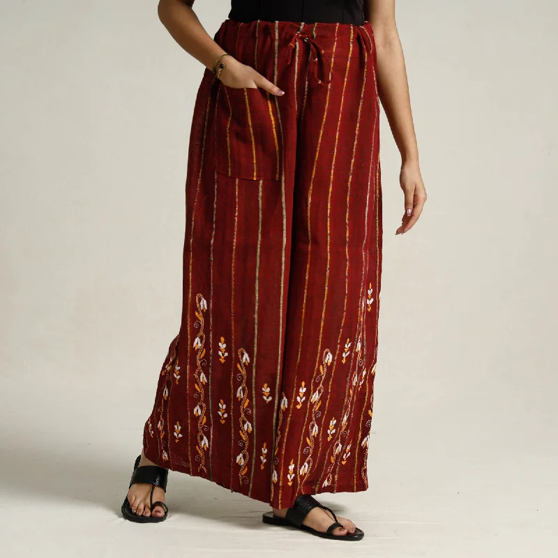 Street Personality Style Maroon - Bengal Khesh Weaving Kantha Embroidery Cotton Palazzo 87