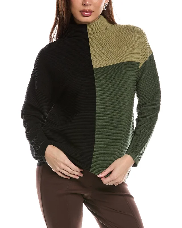 Simple And Comfortable T Tahari Funnel Neck Colorblocked Rib Pullover