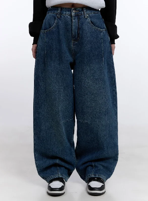Light And Breathable Jina Fleece-Lined Stitch Baggy Jeans CJ513