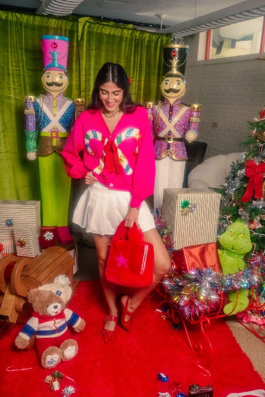 Playful Style Pink Cardigan With Candy Cane and Bow