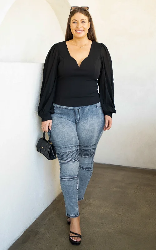 New Design Tammy Long Balloon Sleeve Top - Black