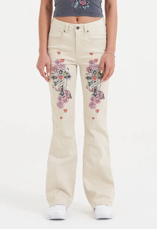 Trendy Wear Womens Floral Cross Flared Jeans - Beige