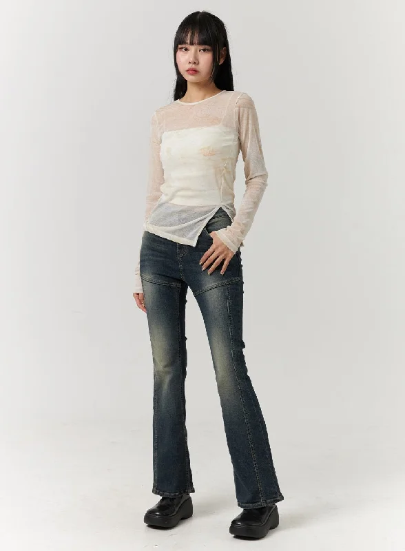 Cute Style Denim Middle Waist Flared Jeans CJ405