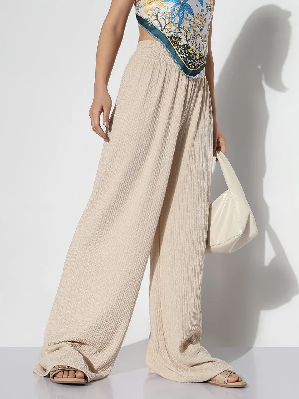 Easy Style Women Cream Solid Loose Fit Trousers