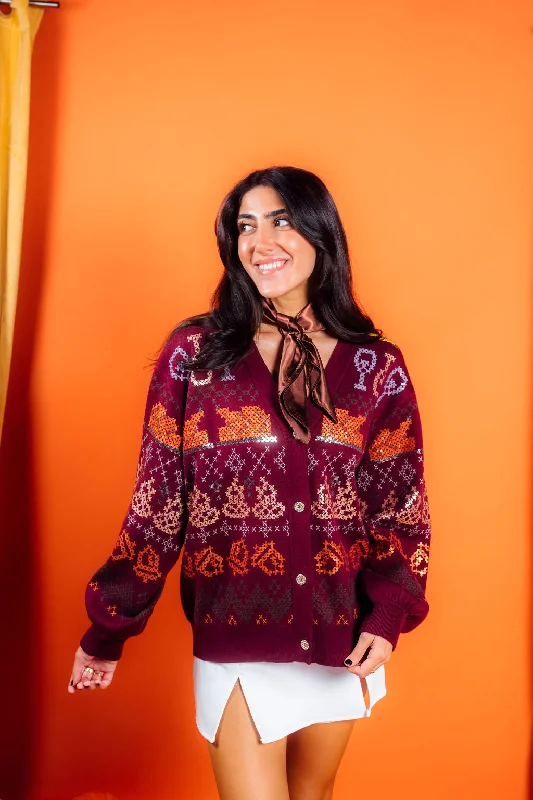 High Street Fashion Maroon Needlepoint Thanksgiving Cardigan