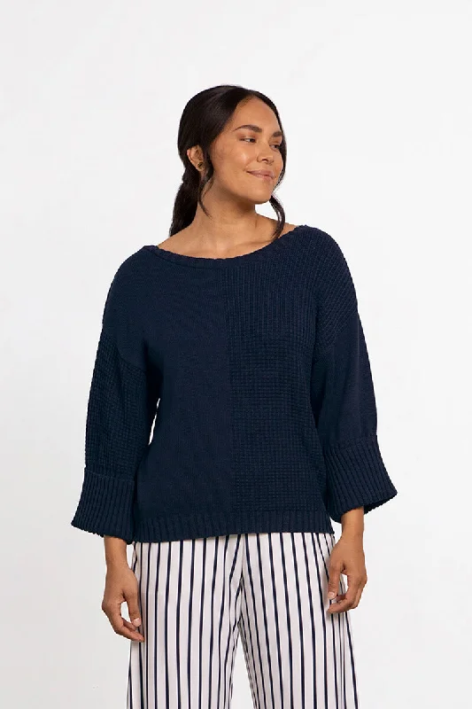 Minimal Style Texture Block Boxy Sweater | Navy