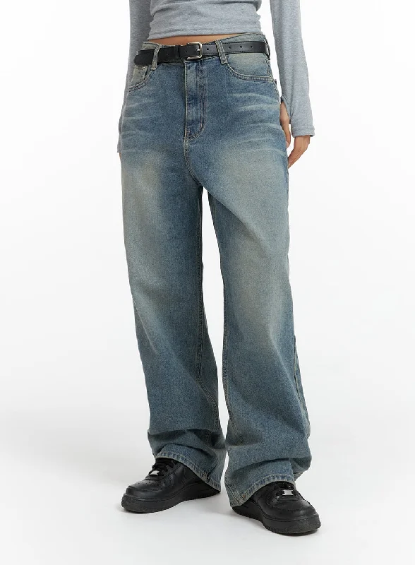 Fashionable Ease Washed Denim Wide-Leg Jeans CF419