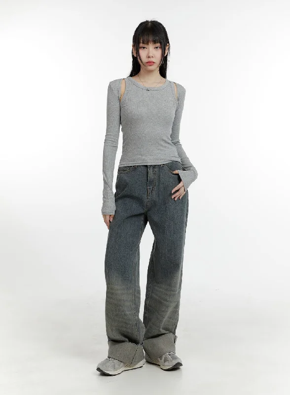 Breathable Design Washed Straight Leg Roll-Up Jeans CA401