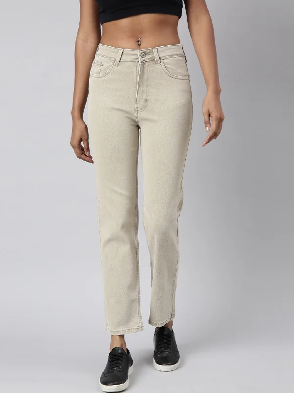 Sports Trend Women Straight Fit Denim Beige Jean
