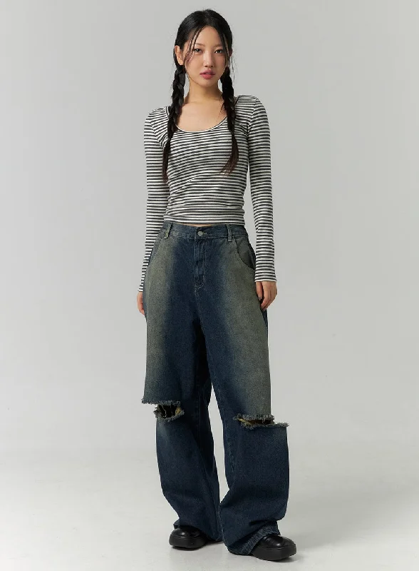 Cozy Chic Destroyed Washed Wide Leg Jeans CN324