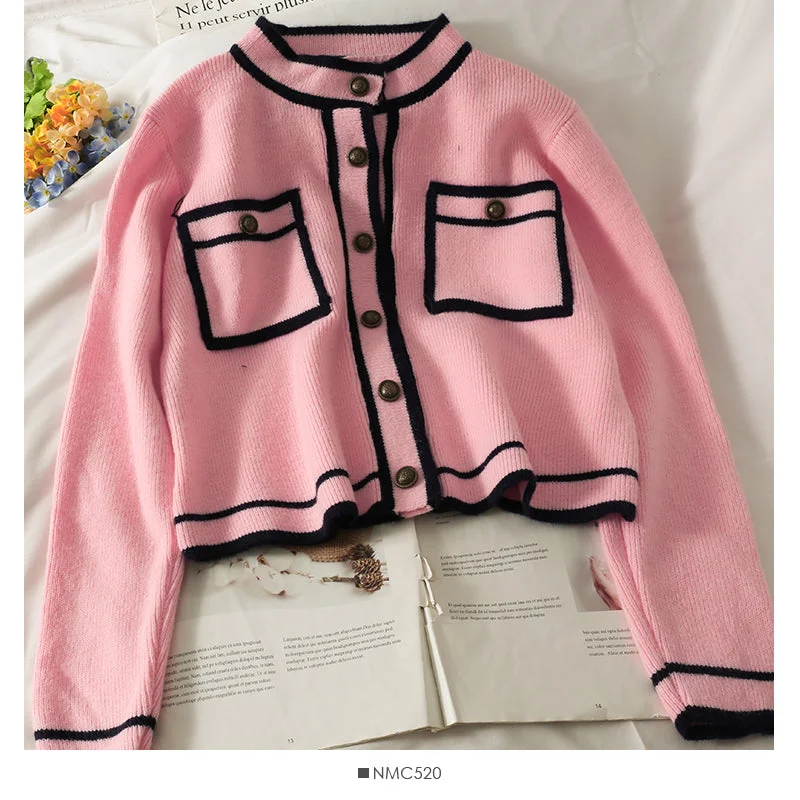 Casual And Casual Korean stripe stand collar single breasted cardigan sweater female  1802