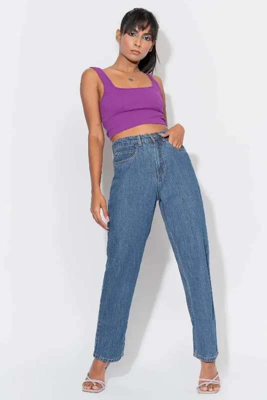 Sports Style Mid Blue High Waist Mom Fit Jeans