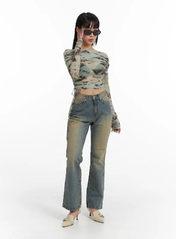 Sports High Waist Style Washed Flared Jeans IF426