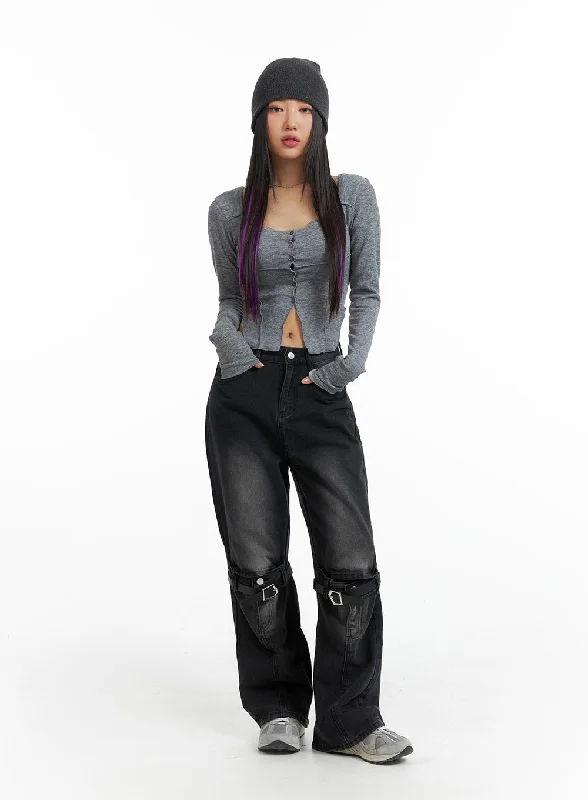 Elegant Comfort Wide Leg Buckle Strap Jeans IM405