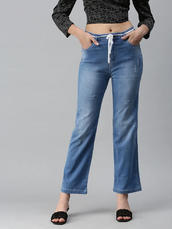 High-quality Styles Women's Blue Solid Denim Straight Jeans