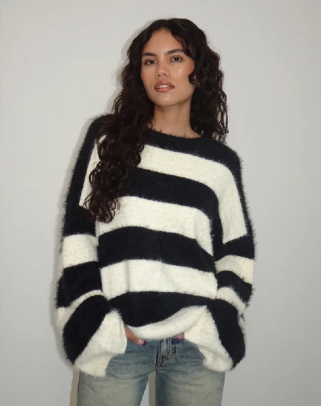 Classic Daya Fluffy Jumper in Ivory and Black Stripe