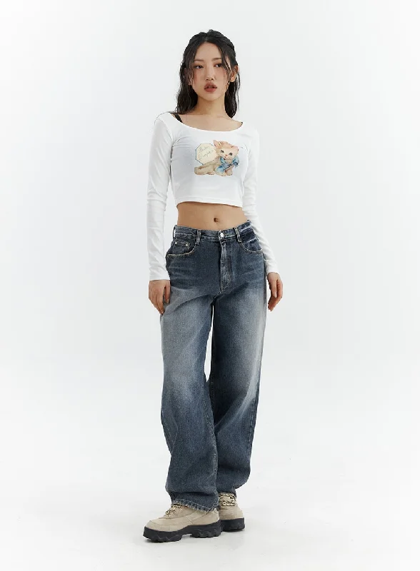 Lively And Youthful Washed Button Straight Leg Jeans CJ425