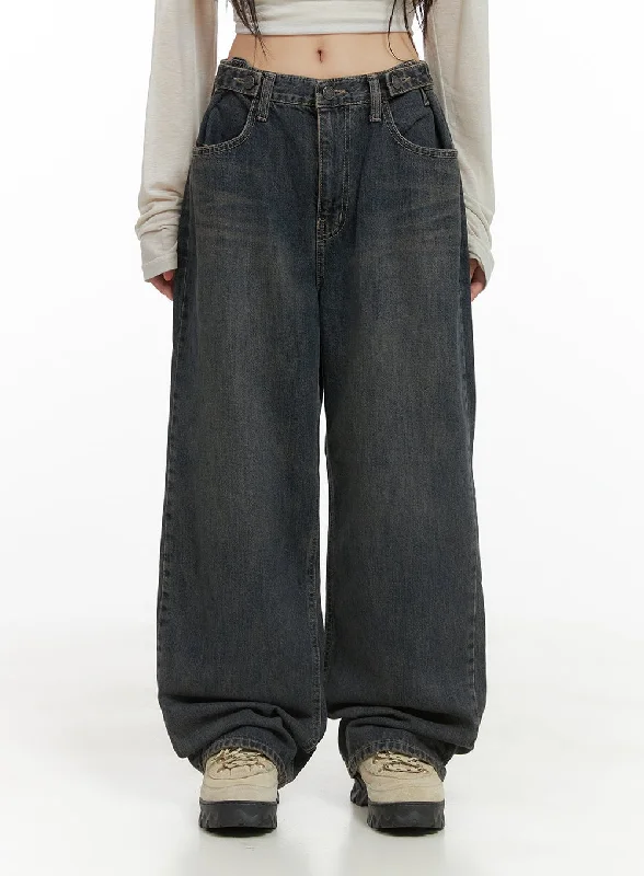 French Retro Sue Strap Belted Washed Baggy Jeans CG430