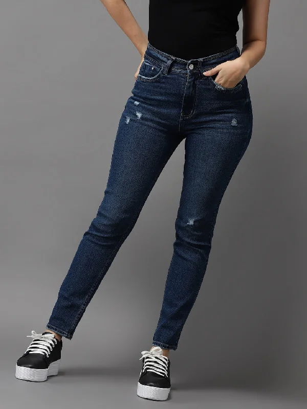 Short Design Women's Blue Solid Slim Fit Denim Jeans