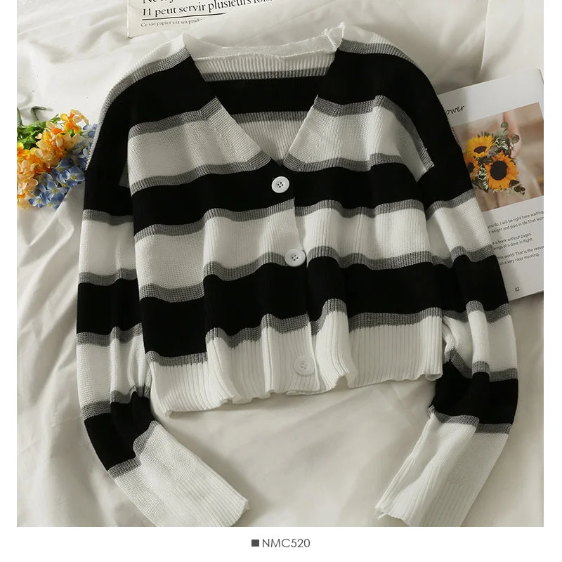Elegant And Casual Korean stripe three button low neck thin cardigan long sleeve  1793
