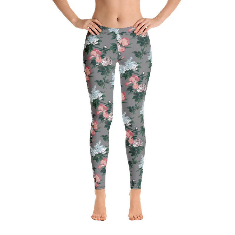Elegant Wear Grey J'Adore Bella Roses Stretch Leggings | Pinup Couture Relaxed