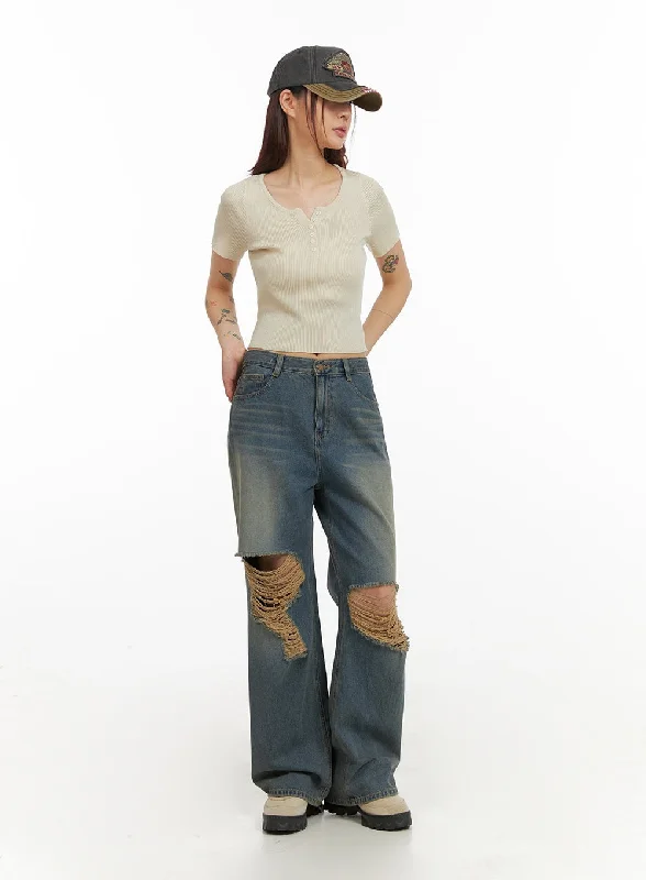 Warm Winter Series Ripped Washing Wide Leg Jeans IY410