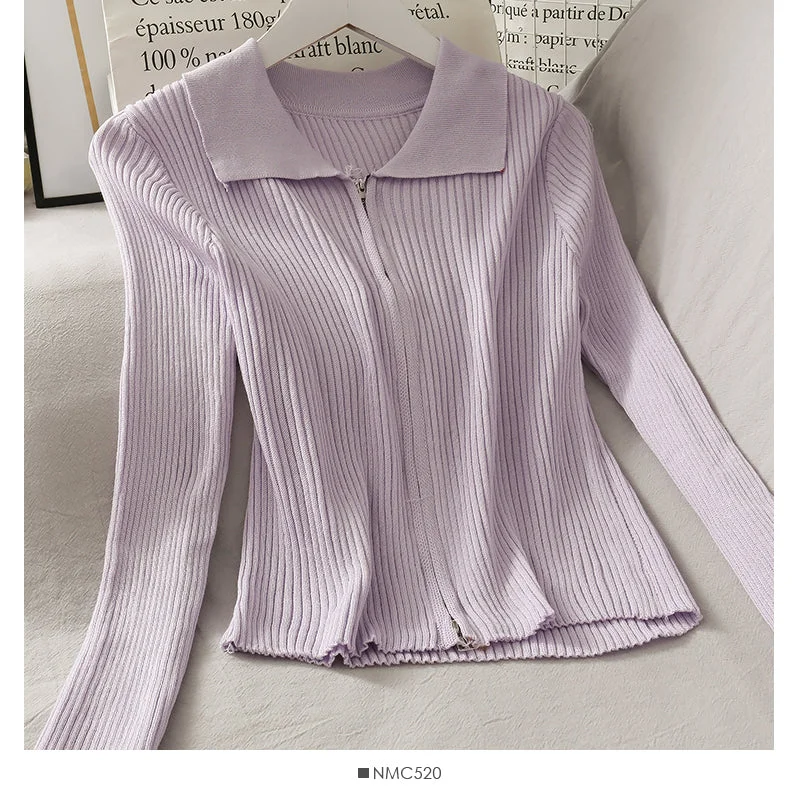Fashion Must-have Personalized double zipper tight vertical stripe long sleeve knit  1777