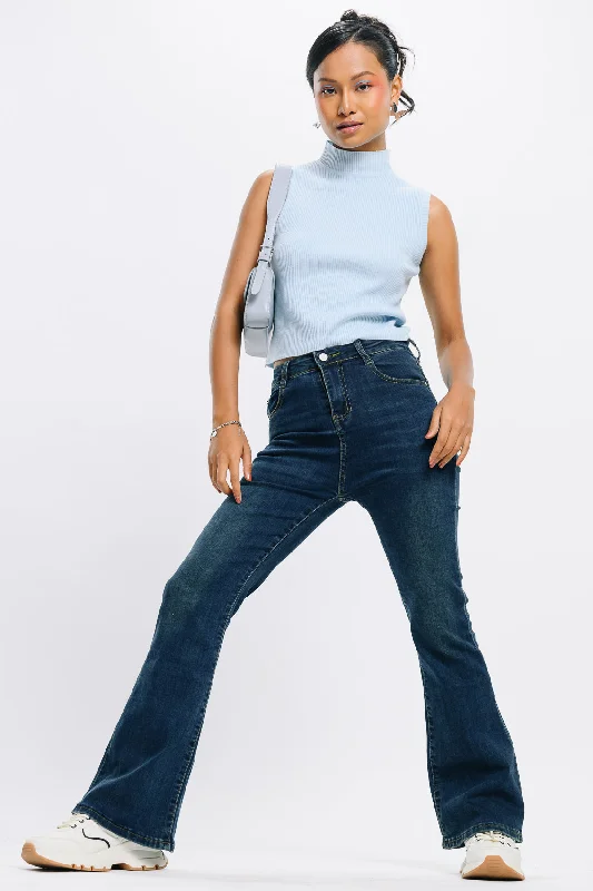 Sports Comfort Style Dark Blue Denim Bootcut Jeans